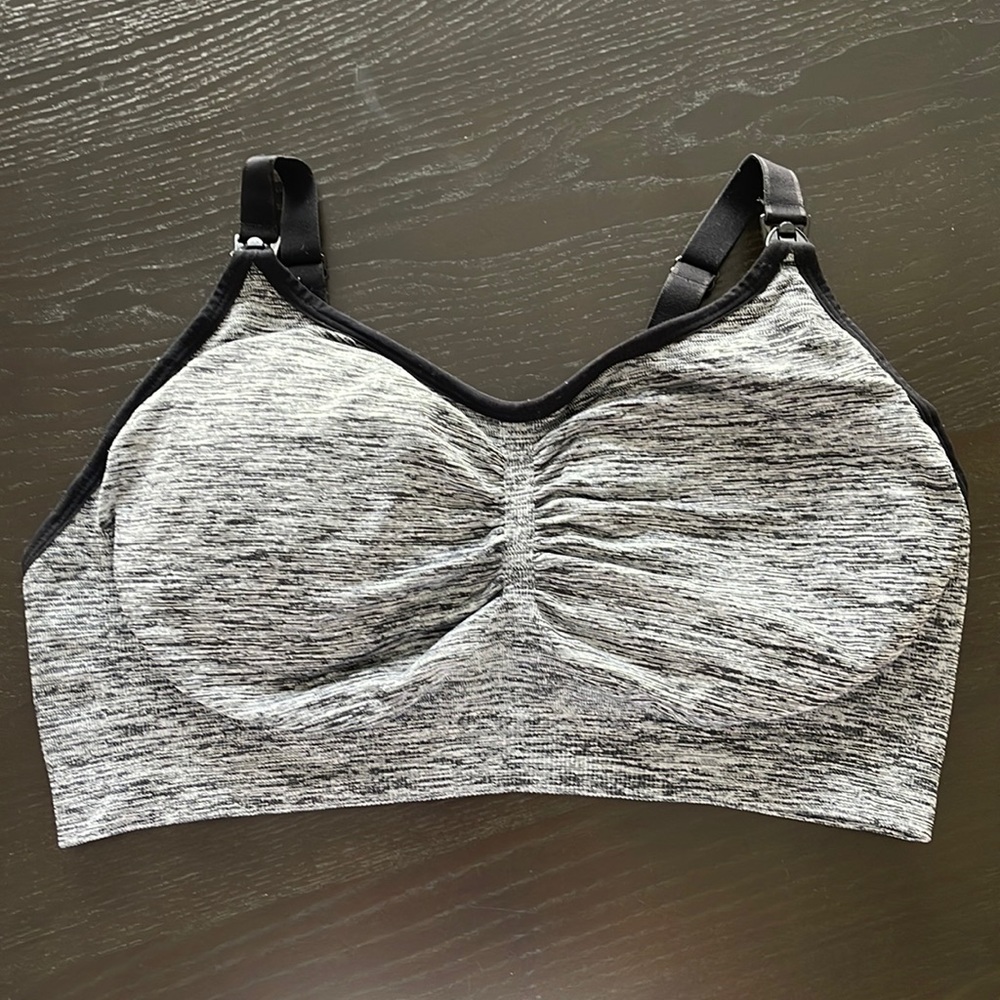 Motherhood nursing bra size large in black/white spotted pattern.